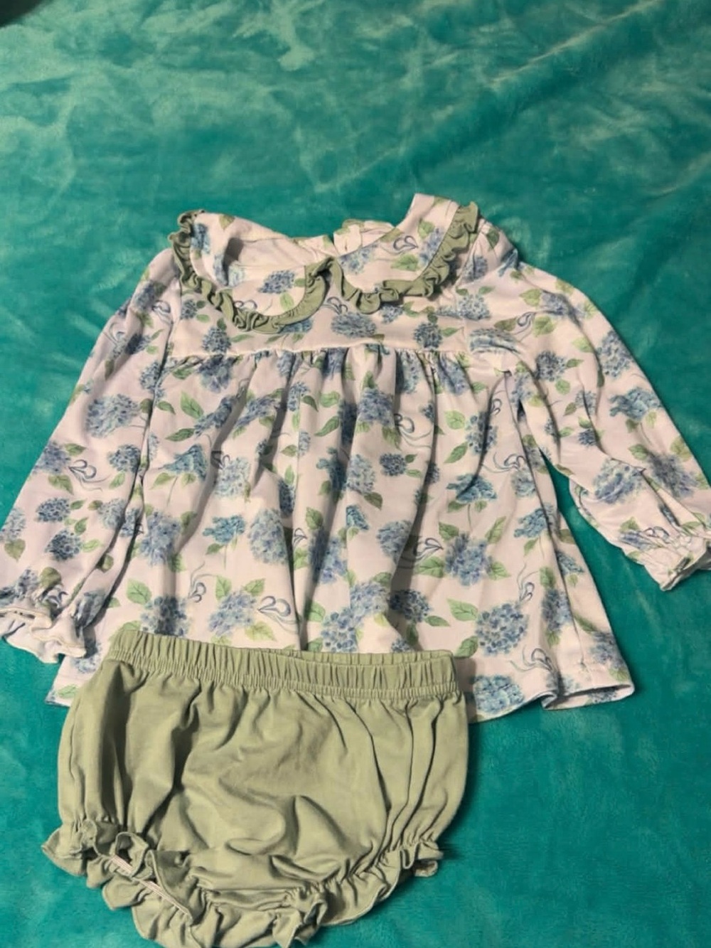 Blue Floral Ruffled Collar Top with Green Bloomers